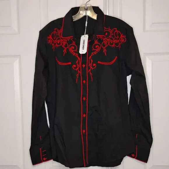 Coofandy Fitted Western Shirt Black with Red Embroidery Sz S - Picture 2 of 6
